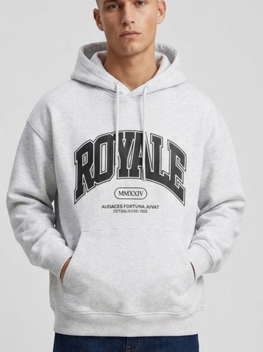 H&M Men Loose Fit Royale MMXXIV Graphic Hoodie Light Grey Size XS